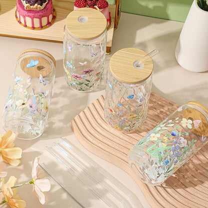 Mumufy 24 Pack Wildflower Glass Cups Gift Aesthetic Cute Glass Cup Tumbler - Image 5