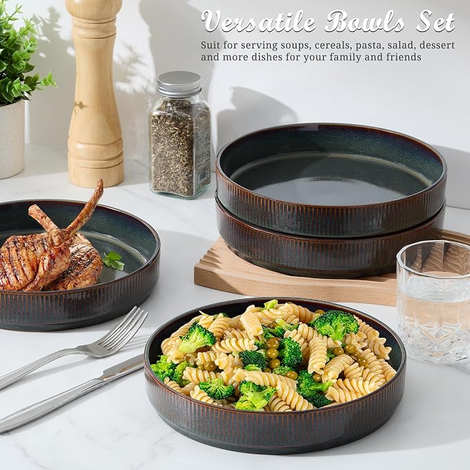 E-far Pasta Bowls Set of 4, 35oz Large Salad Bowl Plate - Image 4