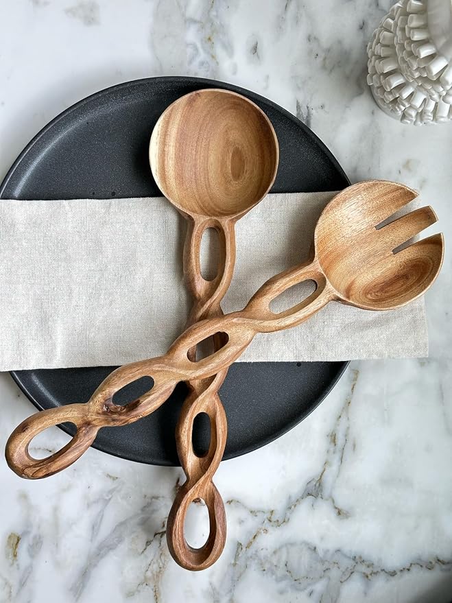Salt & York 13-Inch Acacia Wood Salad Servers, 2-Piece Handcrafted Wooden Fork - Image 3