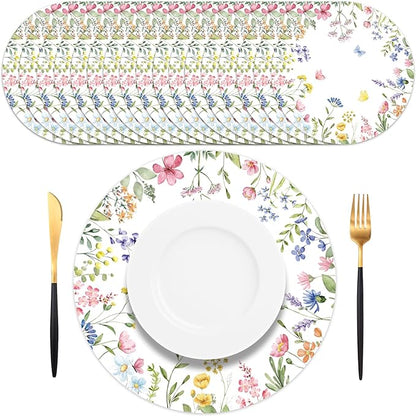 50PCS Floral Disposable Paper Placemats Watercolor Butterfly & Floral Disposable Round Table Mats for Spring Weddings, Brunch & Garden Parties