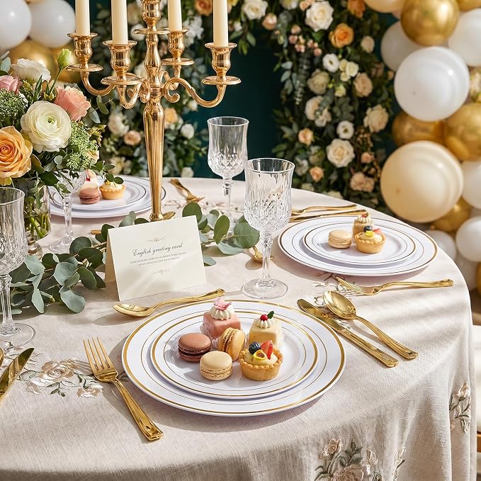 102 Pcs Gold Plastic Plates, Premium Disposable Gold Plates | Gold Rimmed - Image 2
