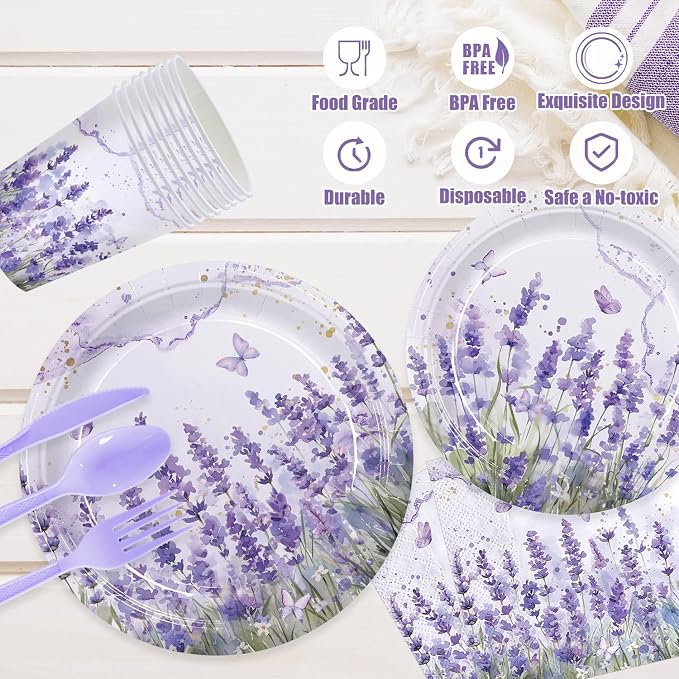 168pcs Purple Lavender Floral Paper Plates Napkins Party Supplies Serve 24 | - Image 3