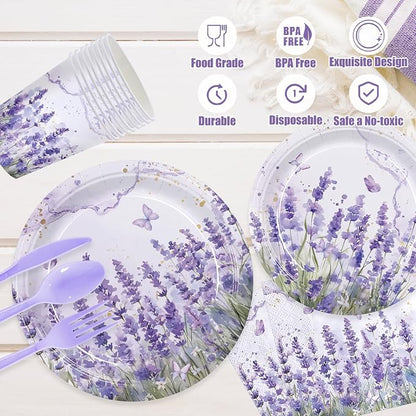 168pcs Purple Lavender Floral Paper Plates Napkins Party Supplies Serve 24 | - Image 3