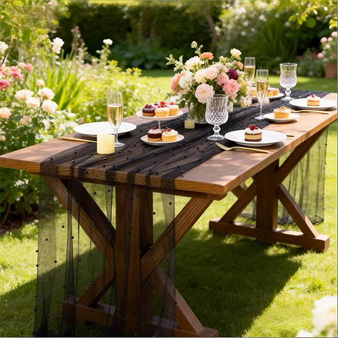 Pearl Table Runner Summer Tulle Gauze Sheer Wedding Party Home Decor | Black - Image 5