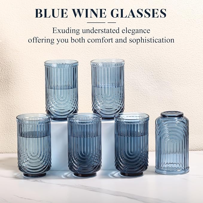 Blue Vintage Drinking Glasses Set of 6-17oz Hand-Blown Highball Ribbed Glassware - Image 3