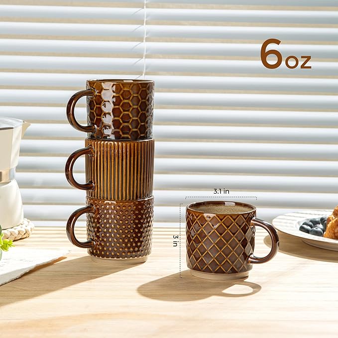 GBhome 6 OZ Stackable Coffee Mugs Set of 4, Ceramic Coffee Cups Set | 4 - Image 2