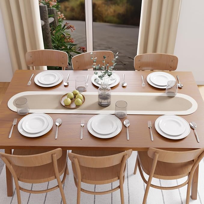 Encasa XO Dining Table Runner, Handmade Ribbed Cotton 12"x54" Beige & Off White - Image 7