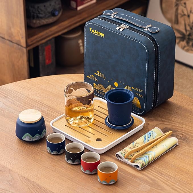Portable Gongfu Tea Set with Travel Case, Ceramic Tea Set with Glass Teapot - Image 4