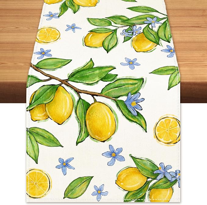 Summer Amalfi Coast Lemon Fruit Table Runner Green Leaves Burlap Table Runners by BEAUTYROMANCEFORYOURLIFE