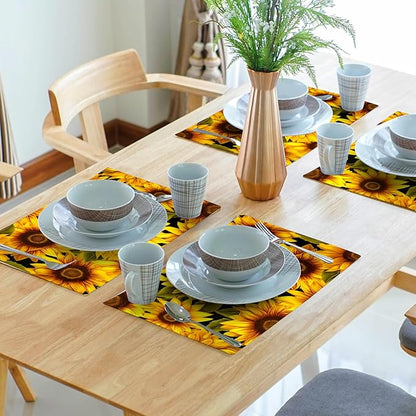Sunflower Placemats Set of 4 - Yellow Flowers Place Mats Rectangle Spring Summer Floral Table Mats Botanical Blossom Placemats Dinner Party Decor 12x18 inch