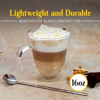 AYL Double Wall Clear Glass Coffee Mugs - 16 oz Insulated Clear Latte Mugs - Image 2