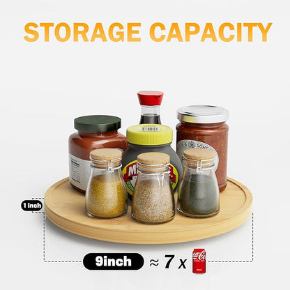Lazy Susan Organizer Homerays 9 Inch Non-Skid Bamboo Lazy Susan for Kitchen Rotating Spice Rack for Kitchen Cabinet, Wood Turntable for Kitchen Countertop Organizer