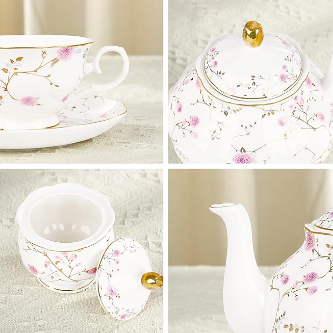 fanquare 21-Piece Gold Vine Floral Porcelain Tea Sets - Image 4