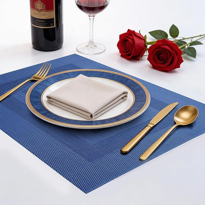 Timeet Blue Placemats Set of 4, Heat Resistant Non-Slip Place Mats, Durable Washable PVC Vinyl Woven Table Mats, Wipeable Placemats for Dining Table Easy to Clean