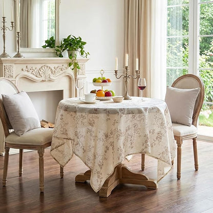 jinchan Taupe Farmhouse Floral Linen Square Table Cloth 52 x 52 Inch | Timeless by JINCHAN