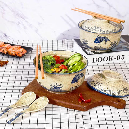 Ceramic Ramen Bowl Set, 800ml, with Lid, Spoon and Chopsticks, Japanese Vintage Large Soup Bowls Instant Noodle Bowl Asian Tableware (Fish*2)