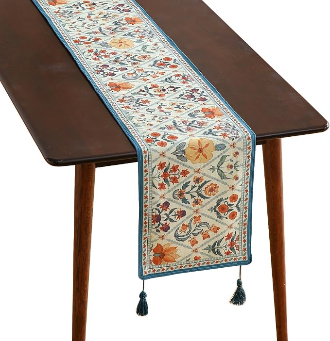 Designer French Linen Extra Long Table Runner, Colorful Floral Pattern by Isaennehomedecoration