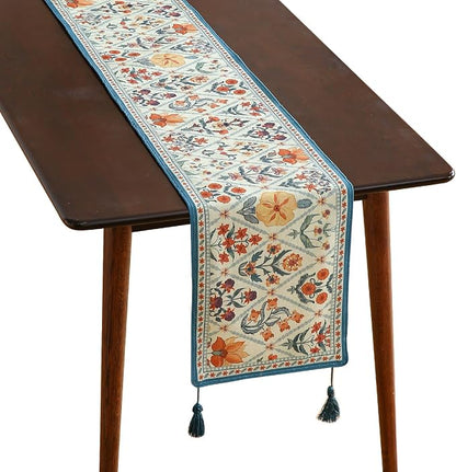 Designer French Linen Extra Long Table Runner, Colorful Floral Pattern by Isaennehomedecoration