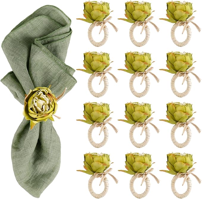 Handcraft Green Flower Napkin Rings Set of 12, Peony Napkin Holder Floral Rings by FEKIDO