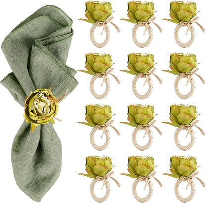 Handcraft Green Flower Napkin Rings Set of 12, Peony Napkin Holder Floral Rings by FEKIDO