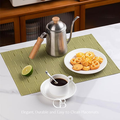 Placemats Set of 8 - Easy Clean Woven Vinyl Placemats for Dining Table, Indoor/Outdoor Place Mats, Washable PVC Table Mats （Pea Green）