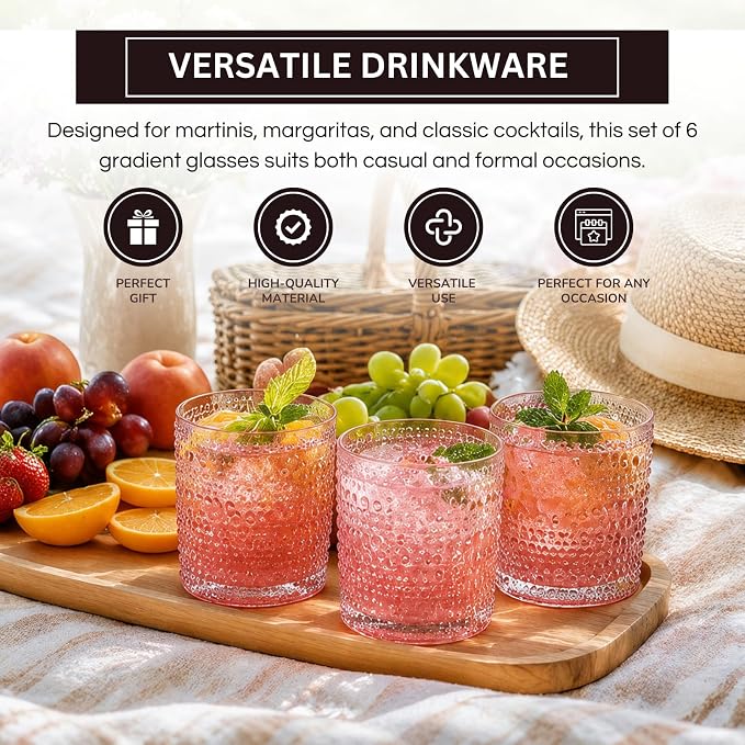 Khen Hobnail Beaded Highball Drinking Tumbler Glasses | Set of 6 | Pastel Pink - Image 4