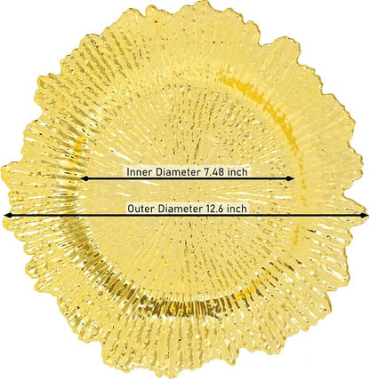 LOYALHEARTDY 24 Pack 13 Inch Gold Charger Plates, Plastic Reef Textured Rim Round Decorative Underplates for Wedding, Party, Dinner Table