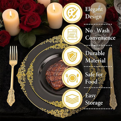 Nervure 100PCS Black Gold Plastic Plates - 7.5 inch Black Plastic Plates with Gold Rim - Disposable Dessert Plates for Wedding & Party