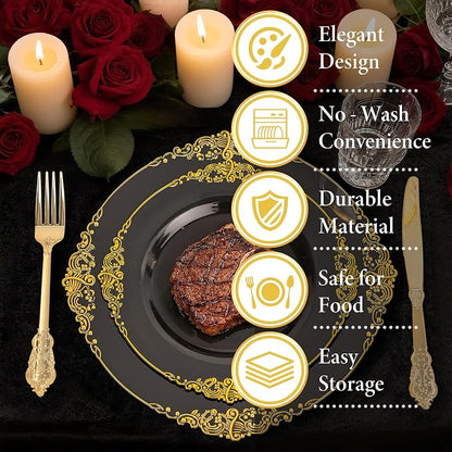 Nervure 100Pcs 10.25'' Black Plastic Plates, Party Plates - Image 8