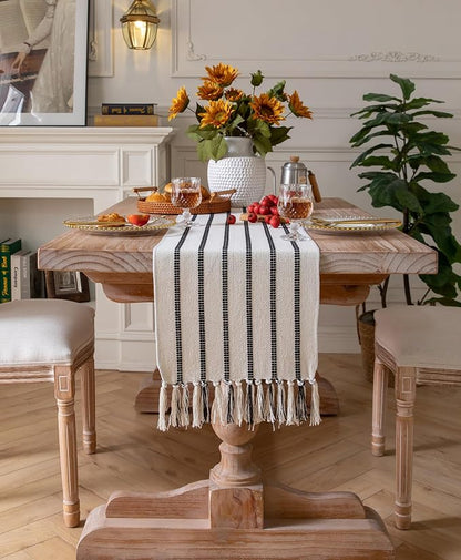 Caflife Boho Table Runner 108 Inchs Long Black and Beige, Cotton and Linen Woven - Image 6
