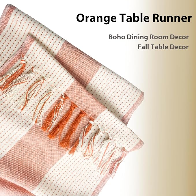 Orange Table Runner 90 Inches Long, Boho Farmhouse Seasonal Fall Thanksgiving - Image 3