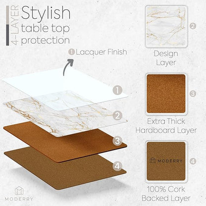 Set of 4 Heat Resistant Cork Placemats for Dining Table with Free Set of 4 Matching Drink Coasters Marble Design 16 x 12 Inches Cork Backed Hard Placemats (Foiled Gold)