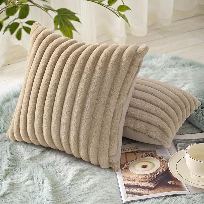 decorUhome Cozy Faux Fur Spring Throw Pillow Covers 16x16 Set of 2 Decorative Soft Plush Striped Modern Farmhouse Boho Couch Pillow Cases with Velvet Back for Sofa Bed Living Room, Khaki Brown