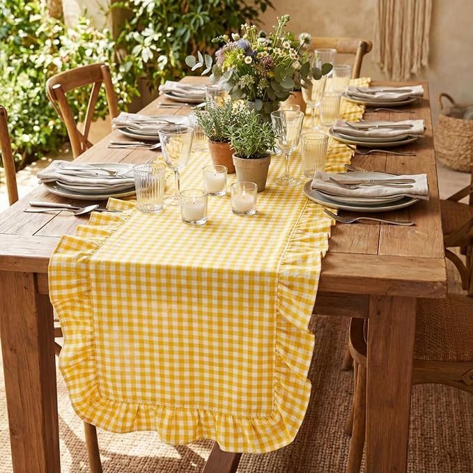 HunnmingRe 1 Pc Gingham Table Runner Yellow, 118 X 13.8 Inch | Cotton Dresser - Image 5