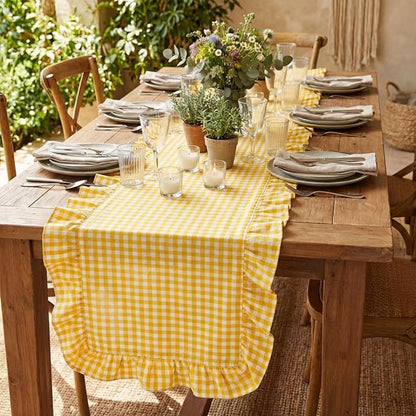 HunnmingRe 1 Pc Gingham Table Runner Yellow, 118 X 13.8 Inch | Cotton Dresser - Image 5