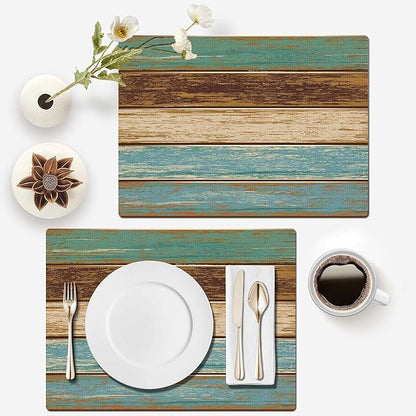 Mcalk Farmhouse Table Runner and Placemats Set of 6 Pieces, Teal and Brown Placemats Wooden Texture,Rectangle Cloth Place Mats Indoor for Kitchen,Washable Placemats Linen Material for Living Table