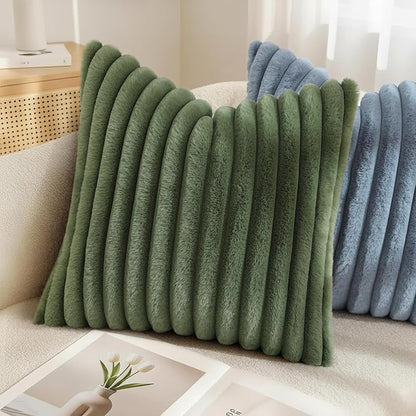 decorUhome Cozy Faux Fur Throw Pillow Covers 22x22 Set of 2 Decorative Soft Plush Striped Modern Farmhouse Boho Couch Euro Sham Pillow Cases with Velvet Back for Sofa Bed Living Roomr, Olive Green
