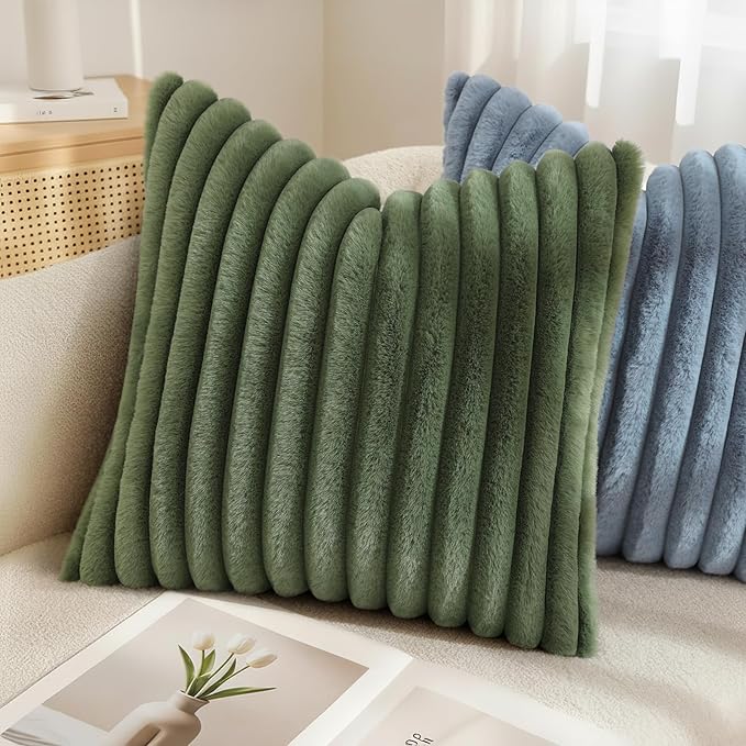 decorUhome Cozy Faux Fur Throw Pillow Covers 24x24 Set of 2 Decorative Soft Plush Striped Modern Farmhouse Boho Couch Euro Sham Pillow Cases with Velvet Back for Sofa Bed Living Room, Olive Green