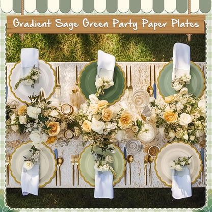48 Pcs Sage Green Paper Plates 9 Inch Gradient Scalloped Paper Disposable Dinner Dessert Plates for Birthday Wedding Bridal Party Supplies, 6 Colors