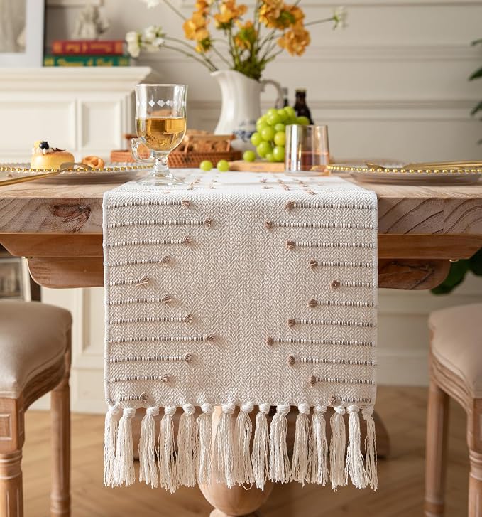Boho Table Runner 13 x 60 Inch Long Natural Cotton Woven Runner by Caflife