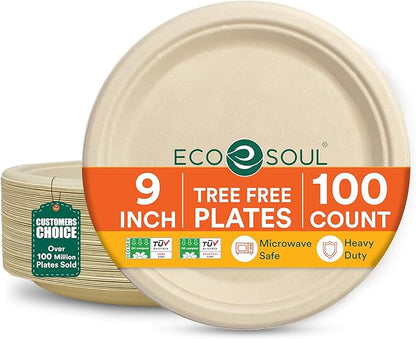 ECO SOUL Compostable 9 Inch(100-Pack) Biodegradable Heavy-Duty Disposable Eco-Friendly Paper Plates for Dinner & Parties, Wedding, Event