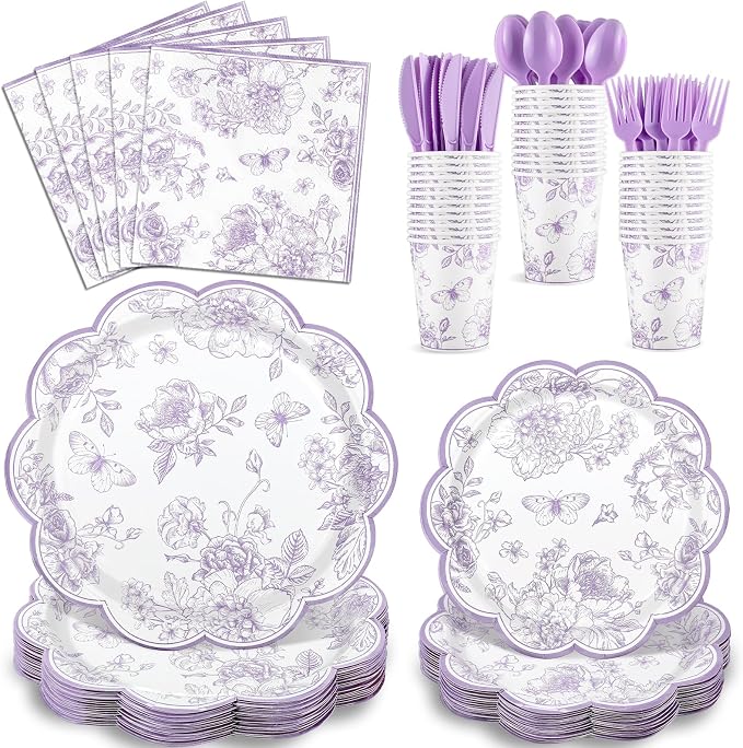 NatNarr 175 Pcs Purple Floral Party Supplies by NatNarr