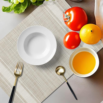 Placemats Set of 4 Vinyl Washable Linen ColorPlacemats, 18"x12" Wipeable Heat-Resistant Non-Slip Easy Clean Table Mats Ideal for Dining Table Table Runner and Outdoor(4, Linen Wide Stripe)
