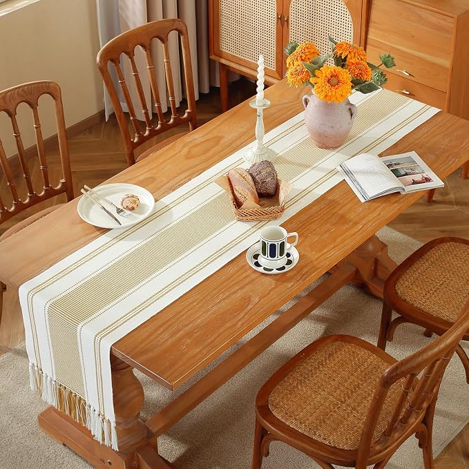 Gold Table Runner with Tassels, 72 Inches Long Farmhouse Macrame Cotton Linen - Image 6