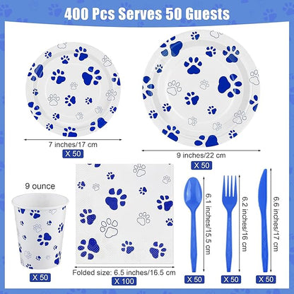 Kochorie 400 Pieces Blue Paw Disposable Party Tableware Sets Dog Puppy Supplies Including Plates Cups Napkins Cutlery Serves 50 for Birthday Puppy Theme Party Decorations