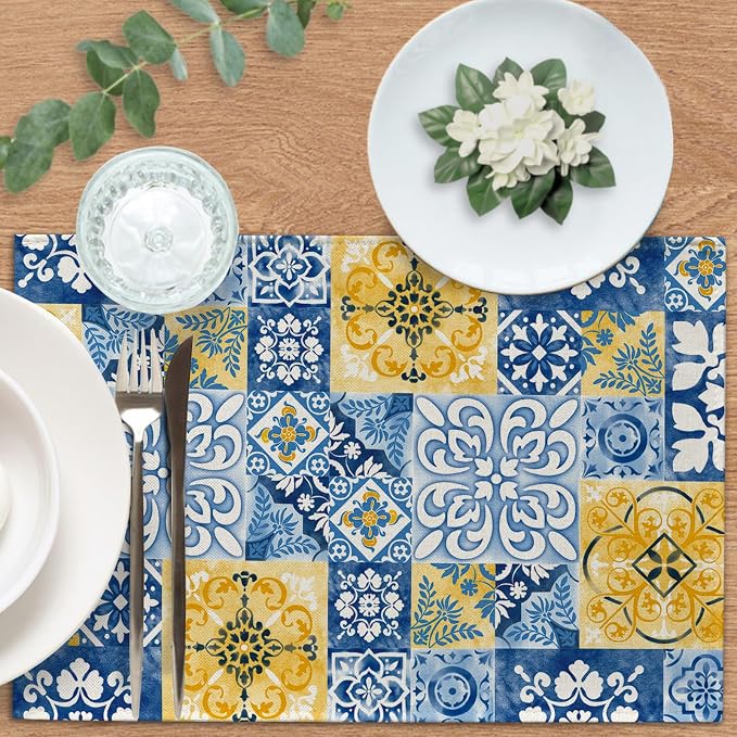Moroccan Blue Ceramic Tile Placemats Set of 4 | Vintage Italian Amalfi Coast - Image 4