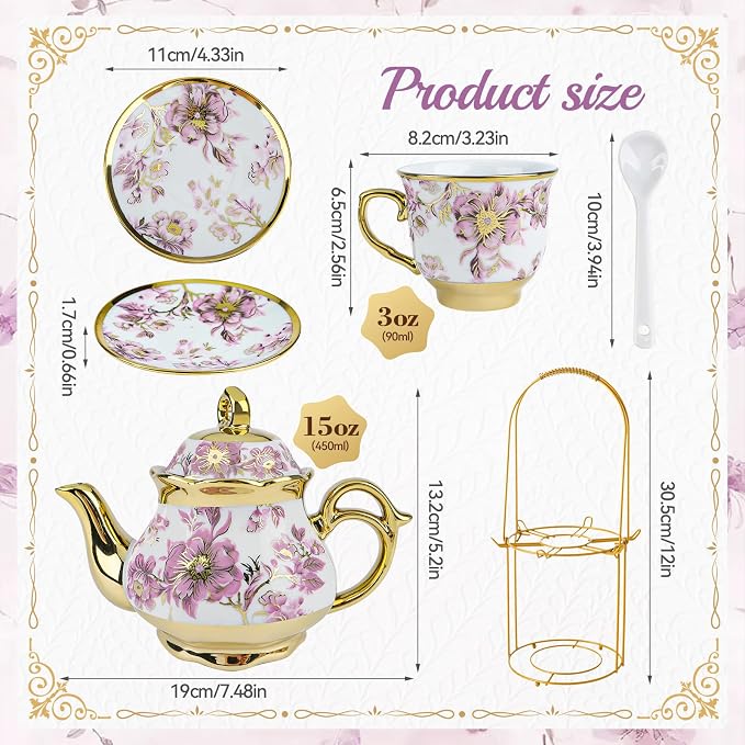 20Pcs Porcelain Tea Set with Metal Holder and Spoon, Floral Adult Tea Sets with - Image 3