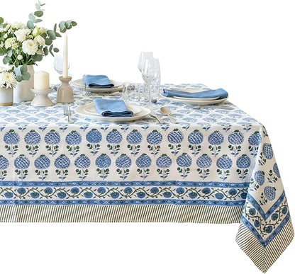 ATOSII Roma Blue 100% Cotton Boho Square Fall Tablecloth, Handblock Floral Print Table Cloth Linen for Kitchen Dining I Parties, Outdoors, Weddings, Christmas, Thanksgiving Decor 60 X 60 Inches