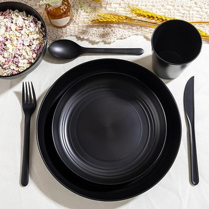LIYH 24 Pcs Black Wheat Straw Dinnerware Sets, Unbreakable Plates and Bowls Set Plastic Dinnerware Set Include Wheat Straw Plates, Bowls, Cups, Dishes for Kitchen& Camping