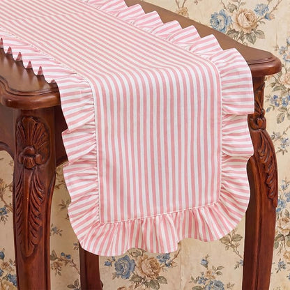 HunnmingRe Ruffle Trim Boho Table Runner Farmhouse Rustic Stripes Scalloped - Image 3